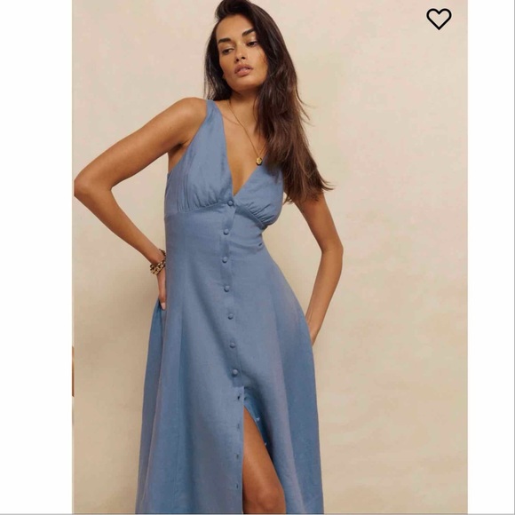 Reformation Sebastien Blue Linen Midi Dress - Picture 3 of 4